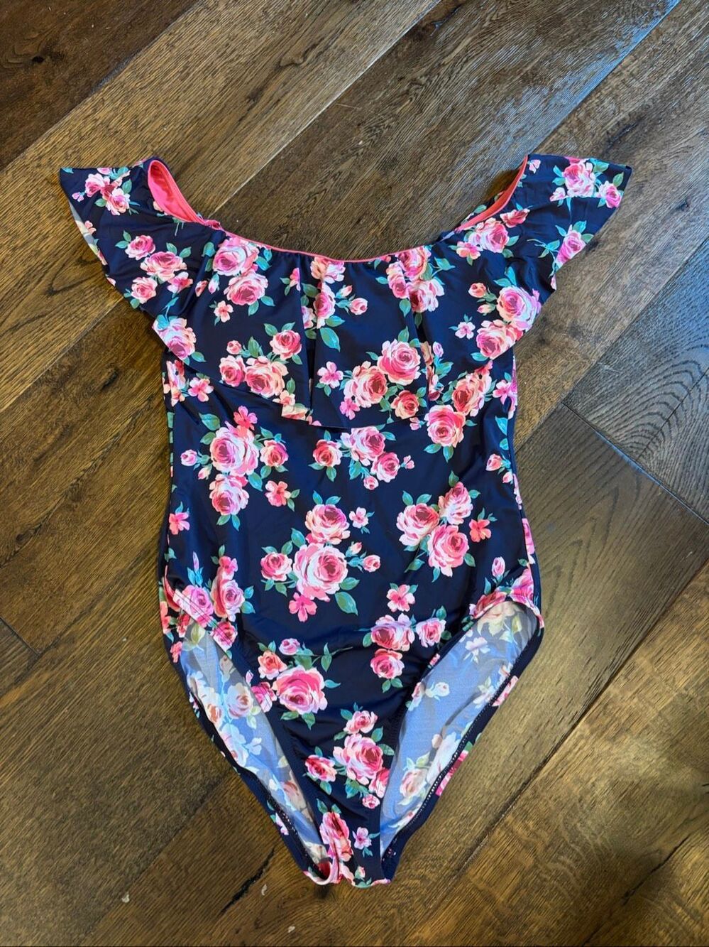 Daniel Cremieux navy floral ruffle one piece L 12